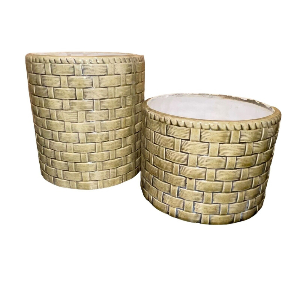 Vintage MCM‎ Green Woven Pot Planter Setof 2, 5"H x5”W, 4” H x 5” W Ceramic VGUC